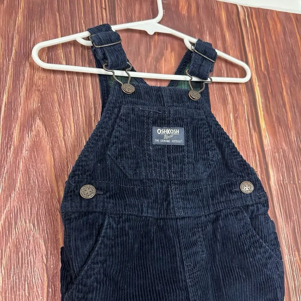 OshKosh B'gosh Baby Overalls 6M Corduroy Navy Blue Adjustable Straps Plaid Lined